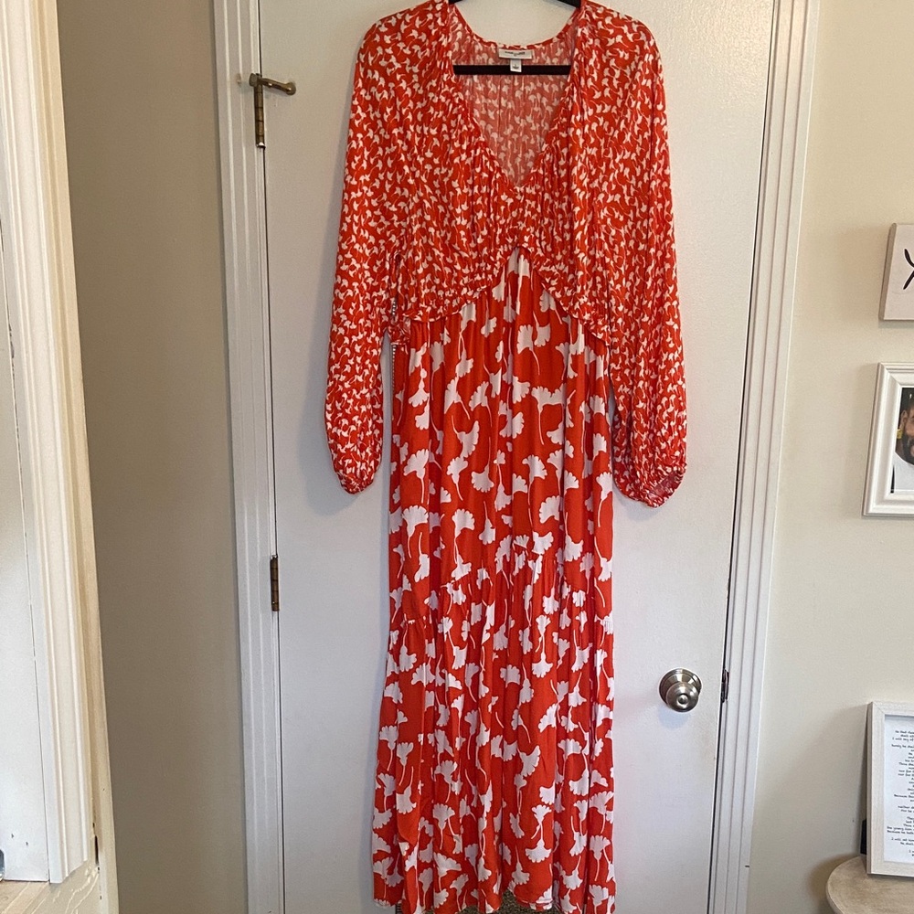 Size L DVF For Target Ginko Cherry Tomato Long Sleeve Maxi Dress Pockets
